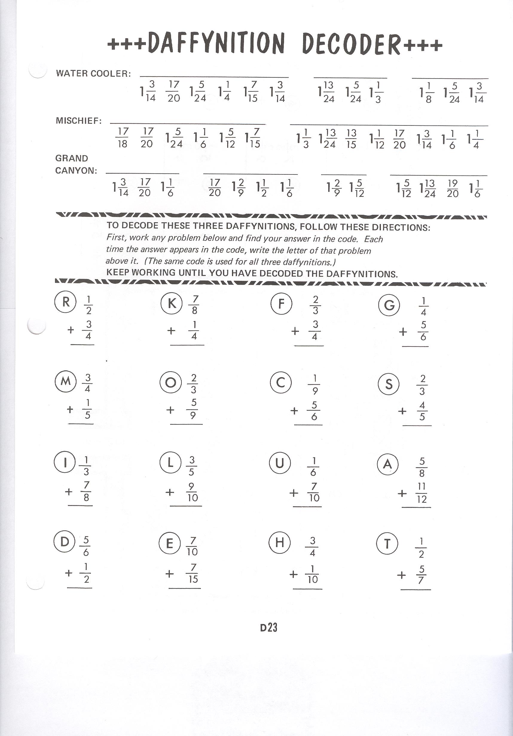 Daffynition Decoder Math Worksheet Answer Key Page 62